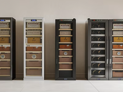 Row of Multiple Wine Cabinets with Various Colors Materials Wine Bottles and Boxes 3d model
