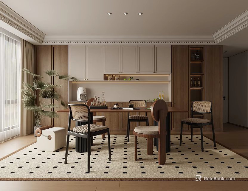 Modern Dining Room Interior With Wooden Cabinets Dining Table Chairs Potted Plant And Checkered Rug 3d model 
