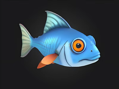Cute Blue Cartoon Fish With Large Orange Eyes Shiny Body And Colorful Fins Tail 3d model