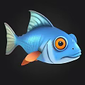 Cute Blue Cartoon Fish With Large Orange Eyes Shiny Body And Colorful Fins Tail