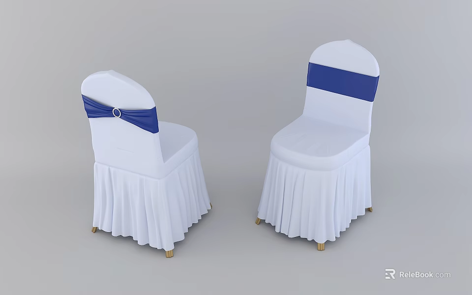 Stylish White Dining Chairs With Blue Satin Ribbon Ruffled Skirt And Gold Legs 3d model 