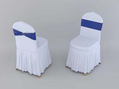 Stylish White Dining Chairs With Blue Satin Ribbon Ruffled Skirt And Gold Legs 3d model