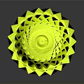 Vibrant Yellow Geometric Spiral Sculpture With Intricate Patterns And Reflective Surface On Dark Background