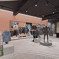 Modern Clothing Store Interior with Blue and White Apparel Racks Mannequins Green Plants and Mirrors