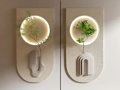 Stylish Wall Decor With Illuminated Circular Light Green Plants And Unique Shape Elements 3d model