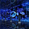 Futuristic Technology Data Center With Blue Holographic Grid And Globe 3d model