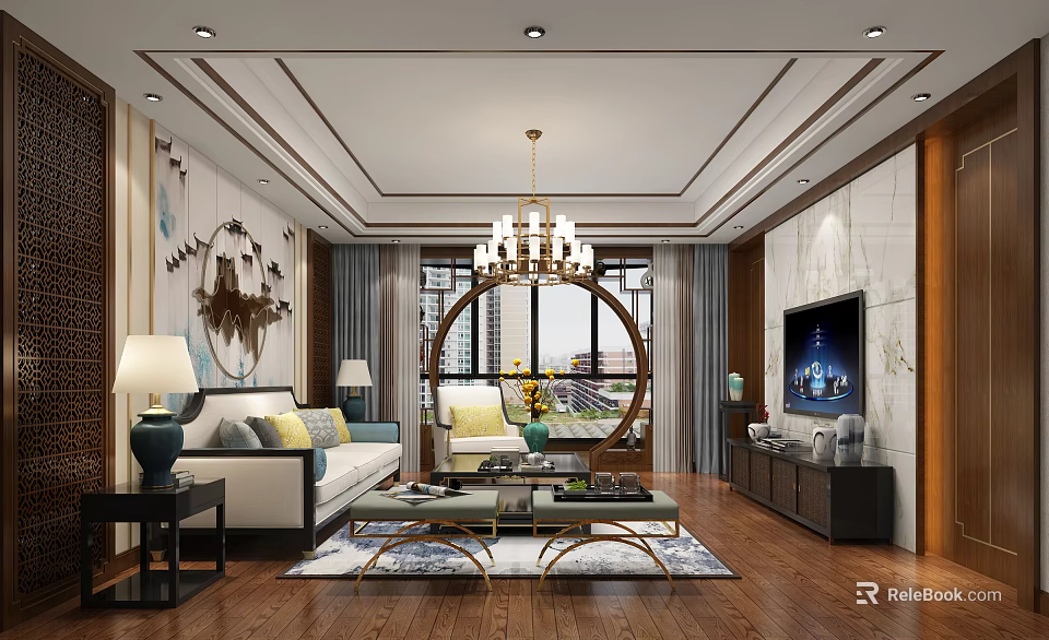 Elegant Modern Living Room Interior Design With Chandelier Circular Window And Sofa 3d model 