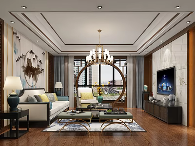Elegant Modern Living Room Interior Design With Chandelier Circular Window And Sofa 3d model