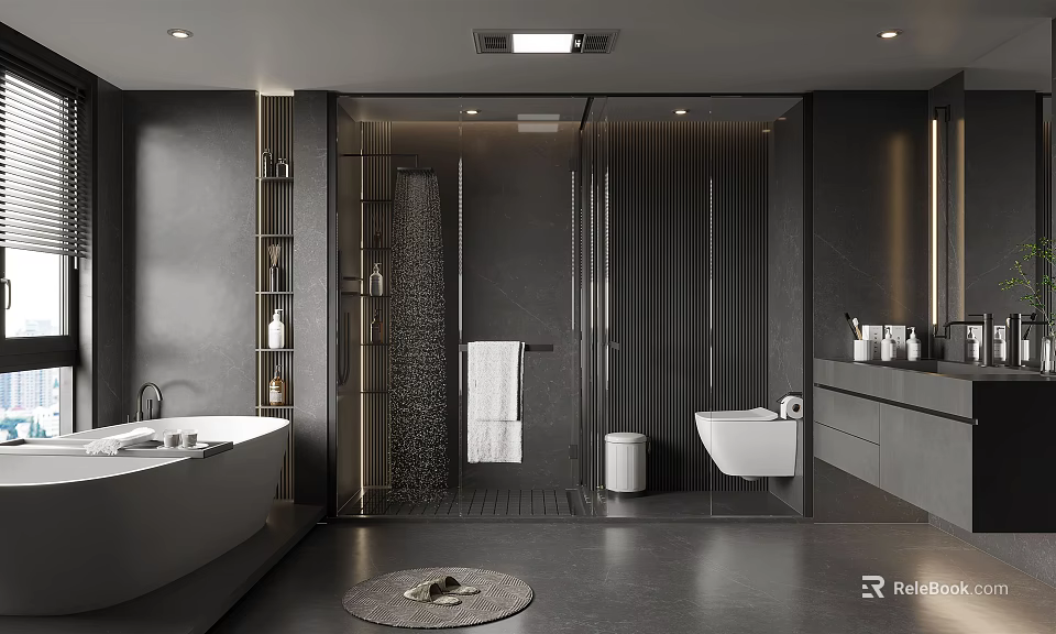 Modern Bathroom Interior Design With Bathtub Glass Shower Sink White Toilet And Dark Cabinets 3d model 
