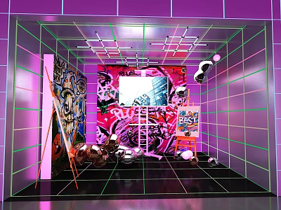 Vibrant Photo Spot With Purple Walls Green Lines And Colorful Graffiti Murals 3d model