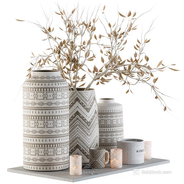 Ceramic Vessels Featuring Geometric Patterns Zigzag Designs In White Gray With Dried Branches 3d model 