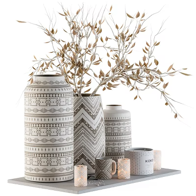 Ceramic Vessels Featuring Geometric Patterns Zigzag Designs In White Gray With Dried Branches 3d model