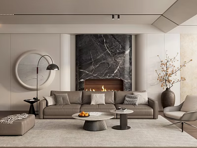 Elegant Modern Living Room With Gray Sofa Round Coffee Table And Black Marble Fireplace 3d model