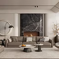 Elegant Modern Living Room With Gray Sofa Round Coffee Table And Black Marble Fireplace