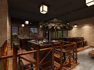 Rustic Restaurant Interior With Bamboo Railings Wooden Tables Thatched Umbrella Lanterns And Stone Walls 3d model