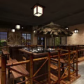 Rustic Restaurant Interior With Bamboo Railings Wooden Tables Thatched Umbrella Lanterns And Stone Walls