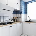 Modern White Kitchen Cabinets With Blue And White Tiled Backsplash Wooden Countertop And Tea Canisters