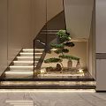Modern Staircase Interior With Bonsai Tree Ambient Lighting And Marble Steps 3d model