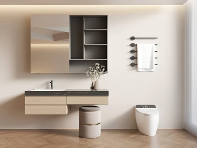 Modern Elegant Bathroom Interior With Wall Mounted Sink Smart Toilet Mirror Cabinet And Towel Rack 3d model