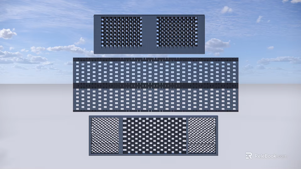 Modern Building Facade With Metal Perforated Grid Panels And Architectural Patterned Holes 3d model