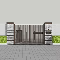 Modern Metal Entrance Gate With Vertical Slats Stone Pillars And Green Bushes