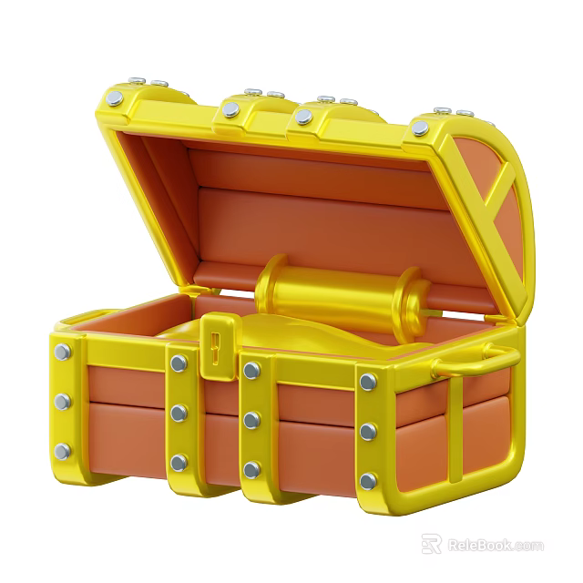 Open Yellow Treasure Chest Decorative Ornament Set With Golden Scroll Inside 3d model 