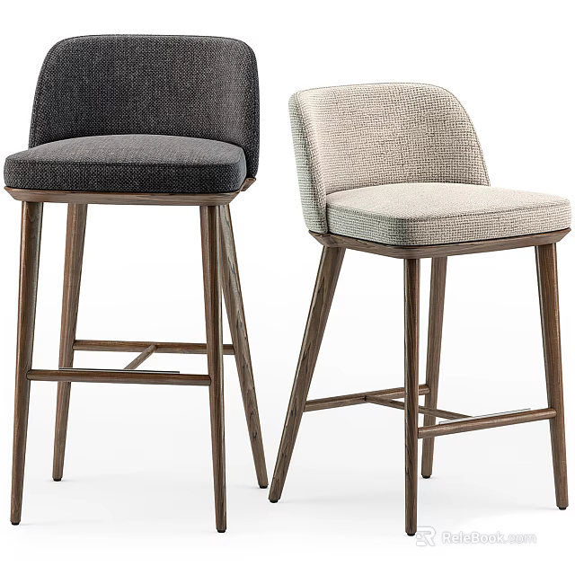 Modern Bar Stools With Dark Gray And Light Beige Upholstered Seats And Wooden Legs 3d model 
