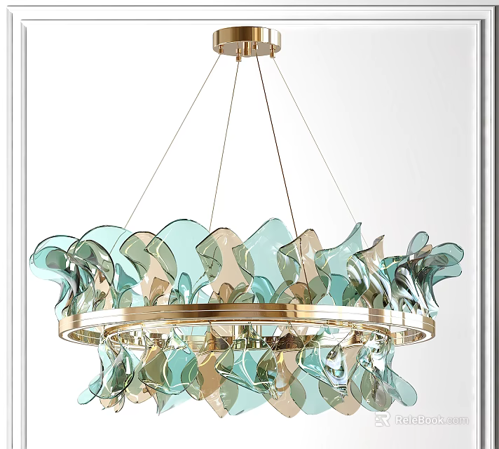 Modern Elegant Chandelier With Golden Metal Frame And Blue Green Glass Petals 3d model 