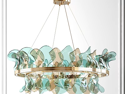 Modern Elegant Chandelier With Golden Metal Frame And Blue Green Glass Petals 3d model