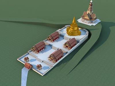 Ancient Traditional Architecture Complex Featuring Golden Pagoda Red Roof Buildings And Stream 3d model