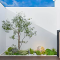 Serene Garden Entrance With White Walls Metal Slatted Gate Stone Paved Path And Green Plants
