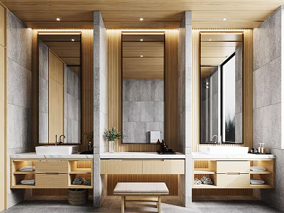Modern Bathroom Interior Design With Double Vanity Wooden Elements Marble Walls And Mirrors 3d model
