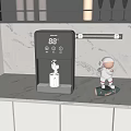 Modern Kitchen Countertop With Digital Water Dispenser And Astronaut Figurine On Marble Background