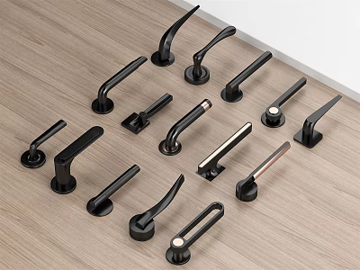 Black Door Handles In Various Styles Arranged On Wooden Tabletop 3d model
