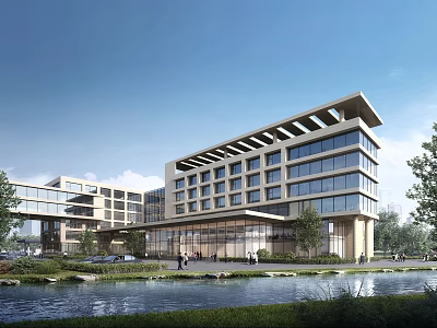 Modern Office Building With Glass Facade And Waterfront Landscaped Gardens 3d model