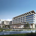 Modern Office Building With Glass Facade And Waterfront Landscaped Gardens