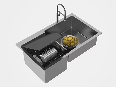 Stainless Steel Double Bowl Kitchen Sink With Drainer Rack And Faucet For Washing Vegetables 3d model