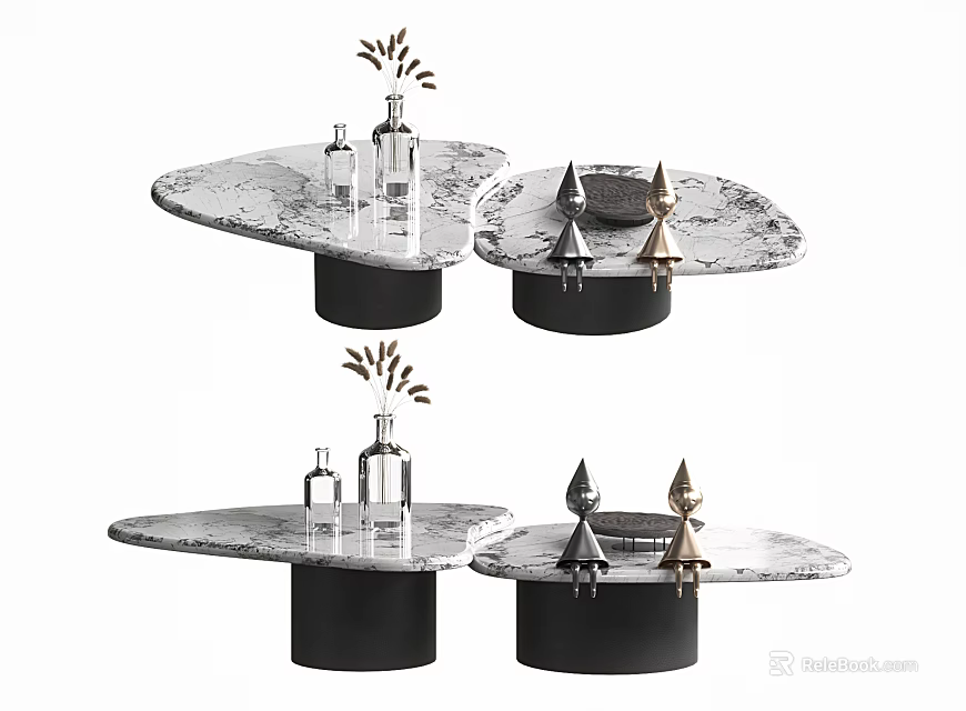 Modern Irregular Shaped Coffee Table With Black Base And Decorative Items 3d model