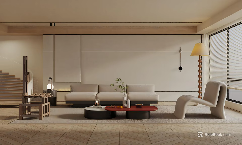 Modern Living Room Interior With Beige Sofa Coffee Tables Floor Lamp And Herringbone Floor 3d model 