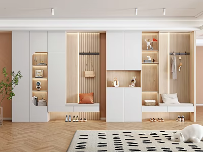 Modern Entryway Shoe Cabinet Design With Integrated Storage Bench And Hanging Rack 3d model