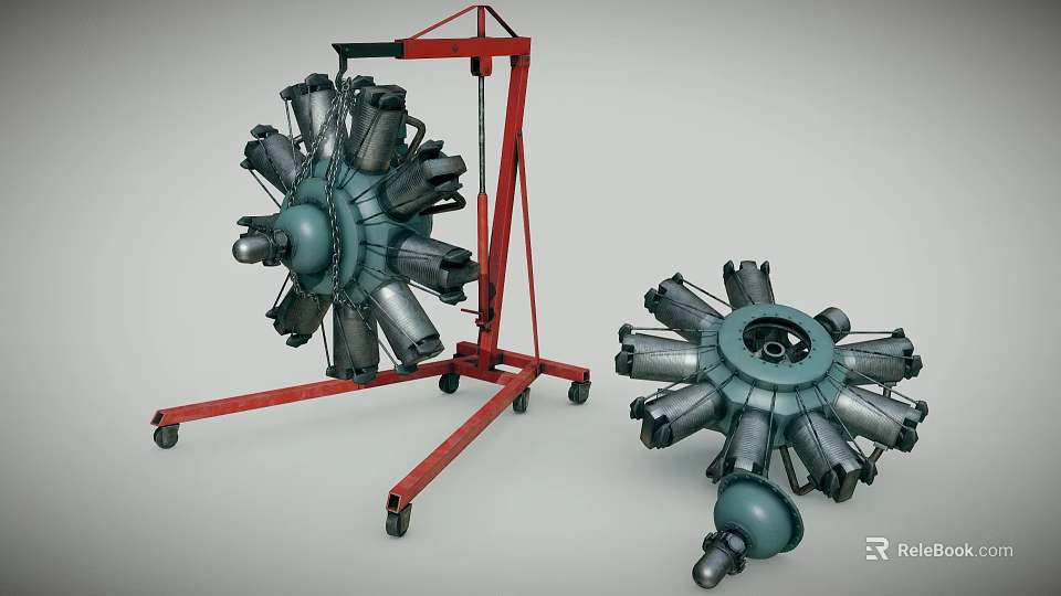 Two Radial Engines Mounted On Red Mobile Stand With Metal Structure 3d model 