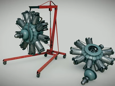 Two Radial Engines Mounted On Red Mobile Stand With Metal Structure 3d model