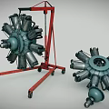Two Radial Engines Mounted On Red Mobile Stand With Metal Structure