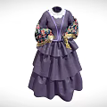 Purple Dress With Fitted Waist Layered Skirt White Lace Collar And Colorful Floral Sleeves
