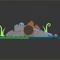Colorful Building Blocks Scene With Green Baseplate Gray Rocks Blue Stream And Curly Green Plants