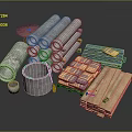 Various Construction Materials Display Featuring Concrete Pipes Wooden Crates And Timber Planks