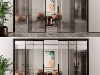 Modern Sliding Glass Doors In Interior Design With Dining Area And Greenery 3d model