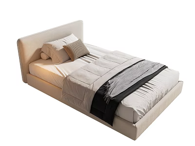 Minimalist Modern Single Bed Interior Design With Upholstered Beige Headboard White Mattress And Grey Bedding 3d model