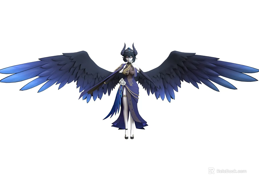 Mythical Woman With Large Blue Wings And Ornate Headdress In Elegant Outfit 3d model 