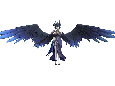 Mythical Woman With Large Blue Wings And Ornate Headdress In Elegant Outfit 3d model